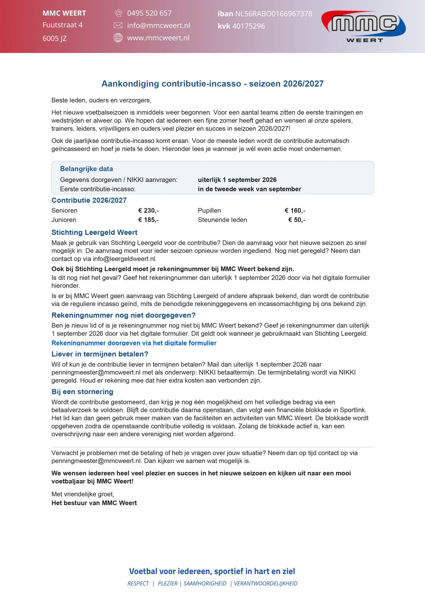 Aankondiging contributie-incasso - seizoen 2026/2027 1